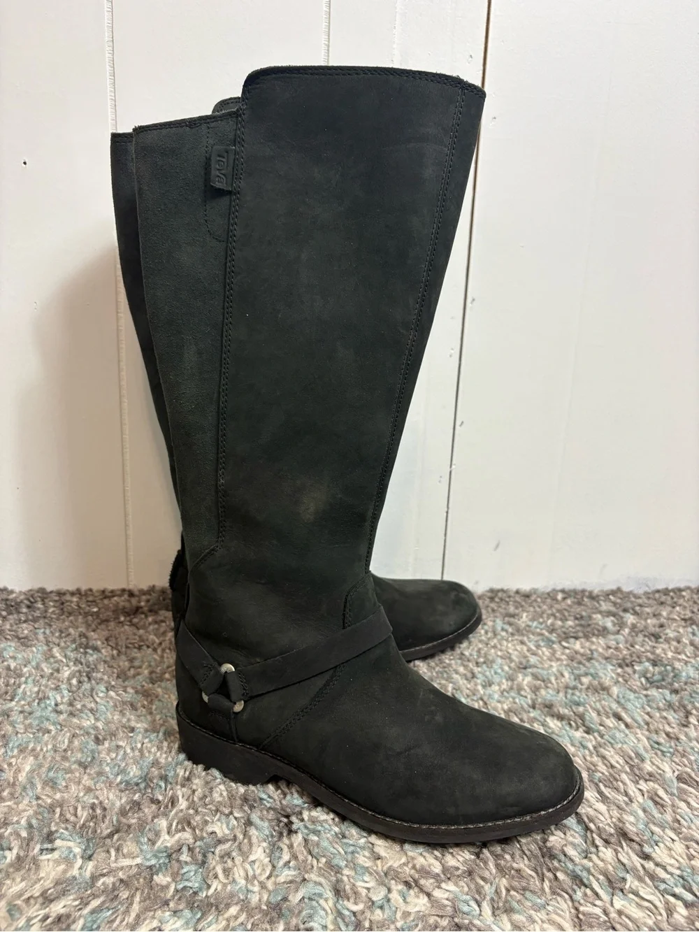 Teva Boots Womens 6 De La Vina Tall solid Black Waterproof Leather Side Zip